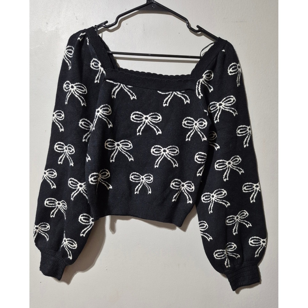 Willow & Wind Black White Bow Print Square Neck Puff Sleeve Knit Sweater Medium
